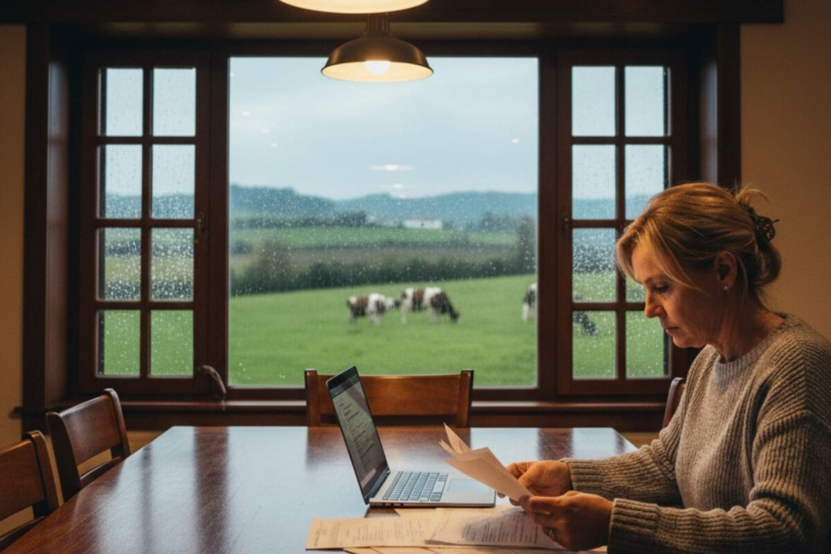 Fotografía de una mujer de unos 50 años revisando facturas en el comedor de su casa. Al fondo, a través de la ventana se observa un día de otoño en el campo con vacas pastando.