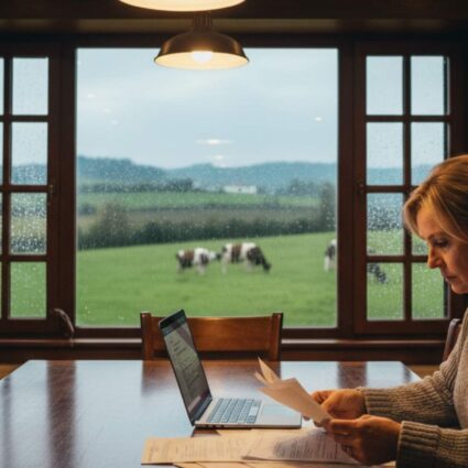 Fotografía de una mujer de unos 50 años revisando facturas en el comedor de su casa. Al fondo, a través de la ventana se observa un día de otoño en el campo con vacas pastando.