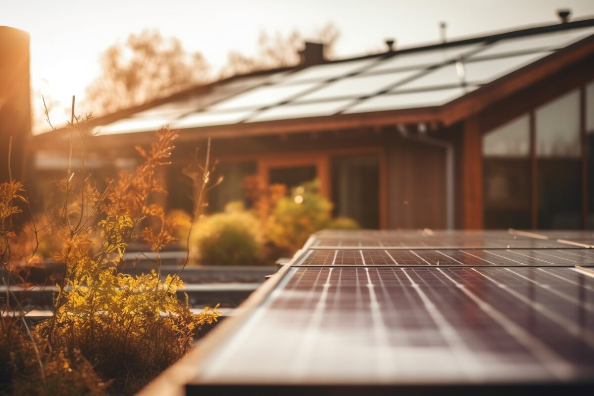Imagen de placas solares sobre el tejado de una casa