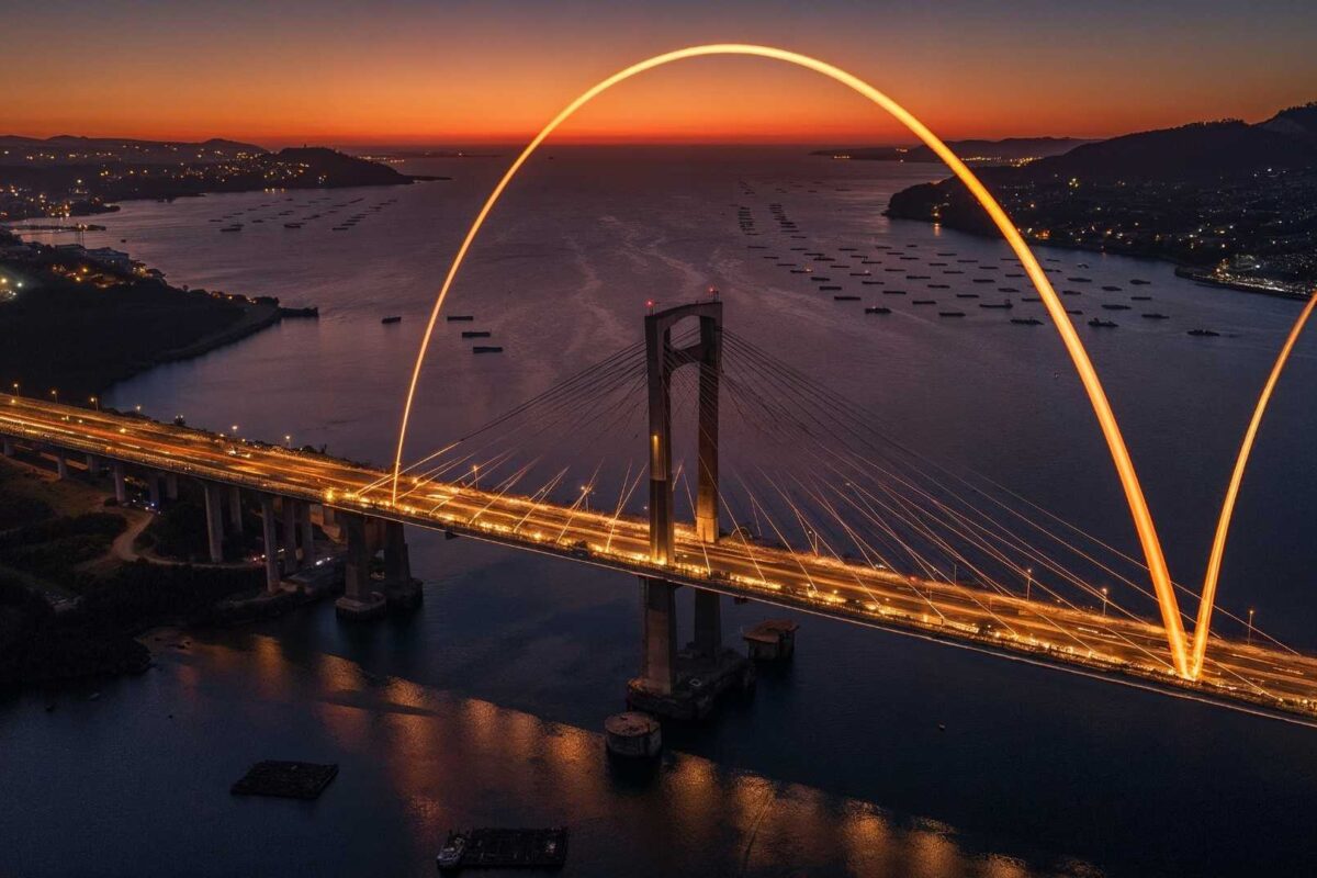 Imagen del Puente de Rande y de la Ría de Vigo al atardecer con las luces iluminadas. Un haz de luz recorre el puente.