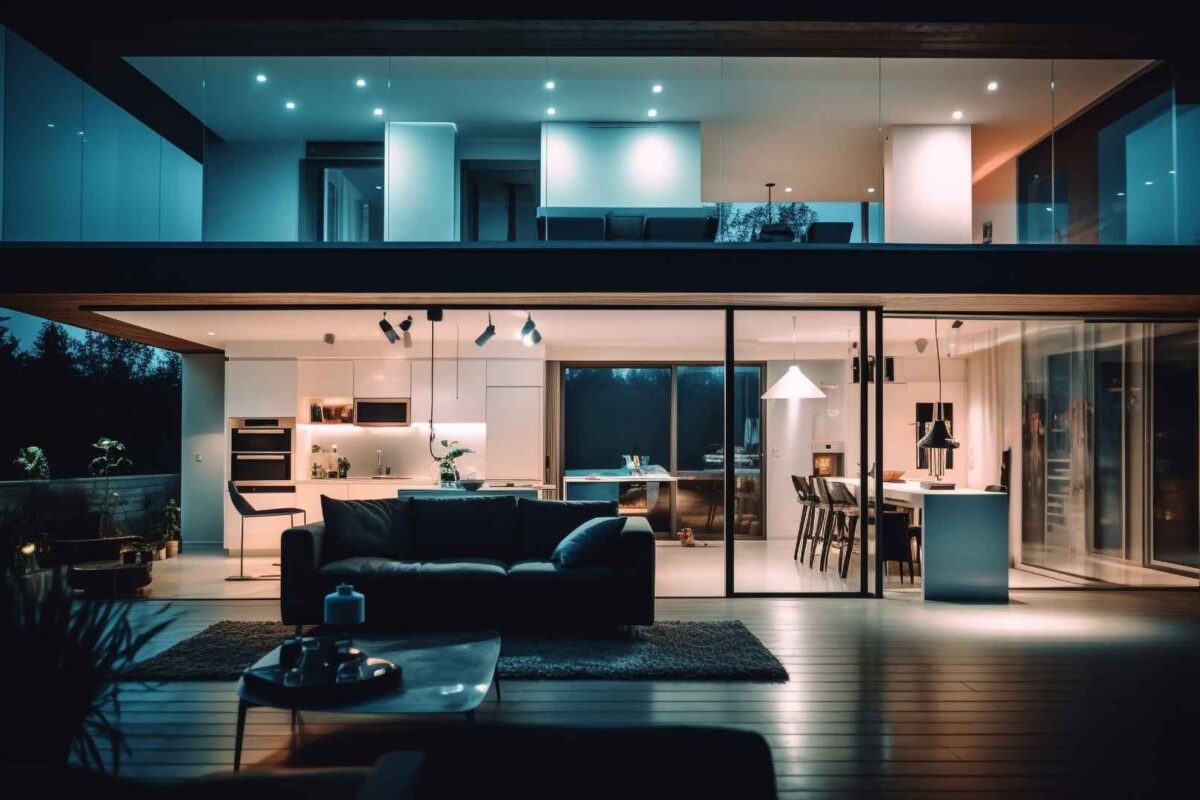 Imagen de una casa moderna de dos plantas de la que se ve el interior a través de sus grandes cristaleras