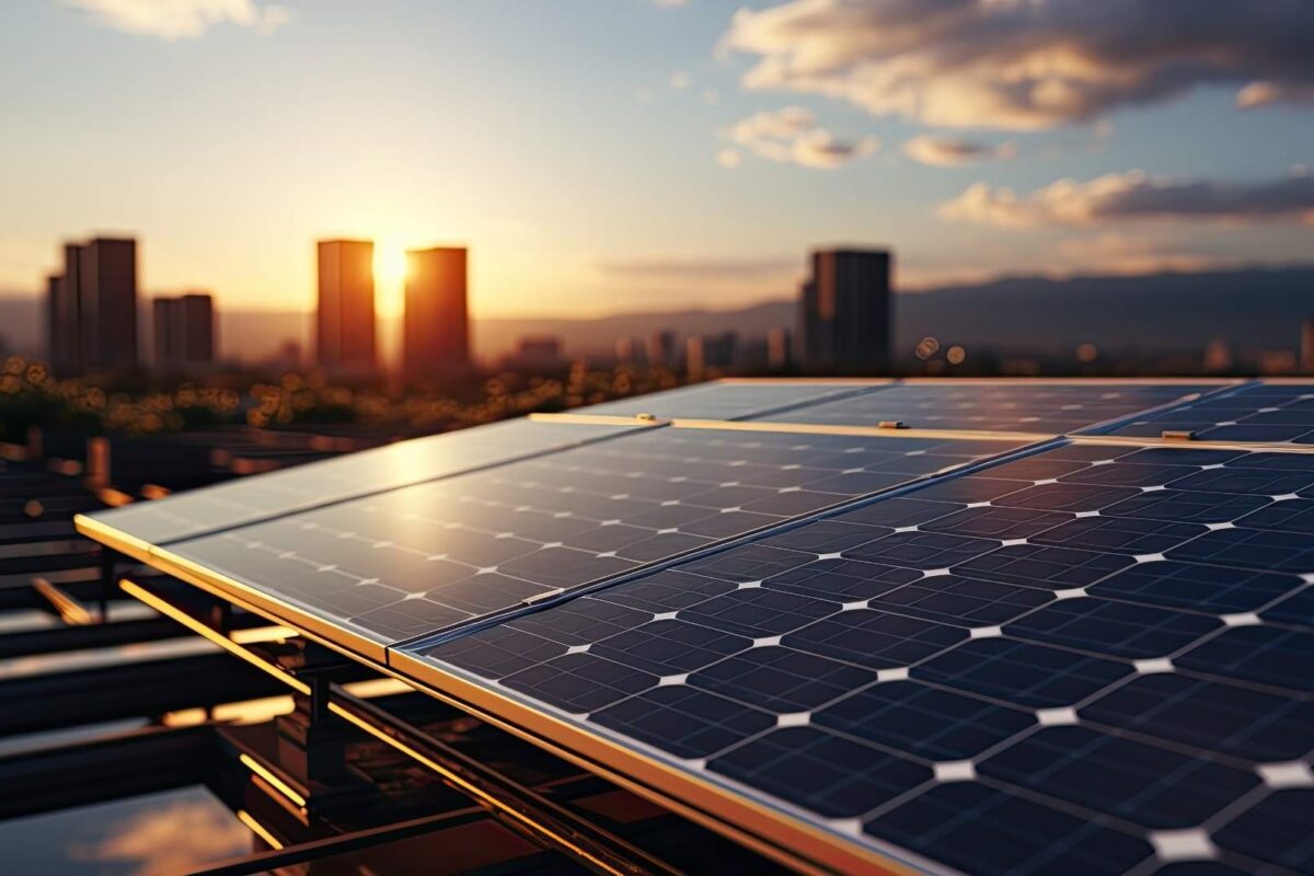 Imagen de placas solares en un tejado con el skyline de una ciudad al fondo
