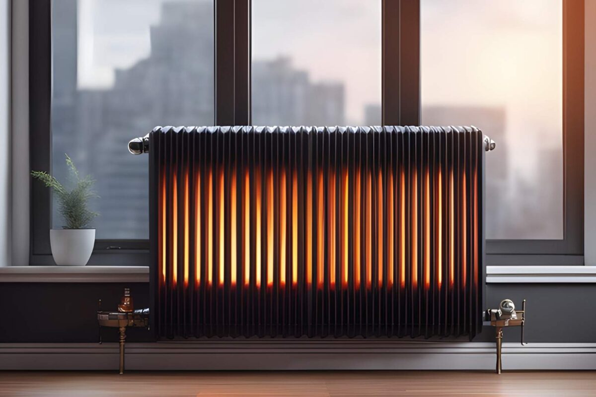 Primer plano de un radiador de calefacción doméstica situado bajo una ventana. El radiador se encuentra iluminado de forma incandescente.