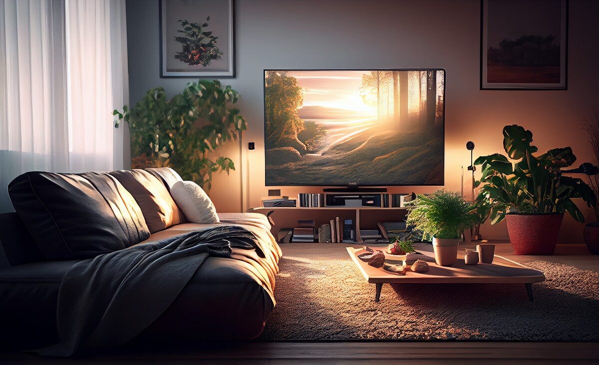 Un salón con sofá y una televisión encendida.