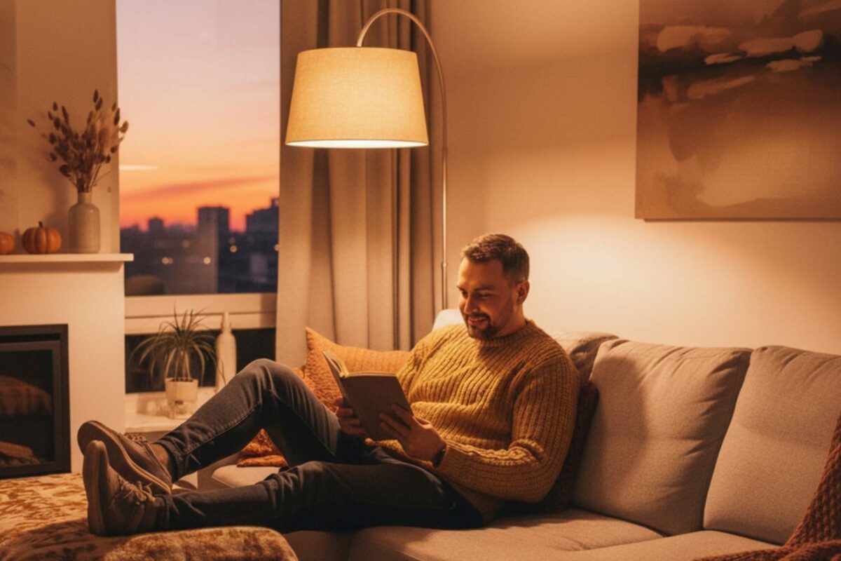 Un hombre sentado en un sofá con los pies apoyados sobre un puff leyendo un libro bajo la luz de una lámpara. Al fondo se ve el atardecer a través de una ventana.