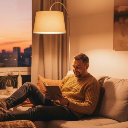 Un hombre sentado en un sofá con los pies apoyados sobre un puff leyendo un libro bajo la luz de una lámpara. Al fondo se ve el atardecer a través de una ventana.