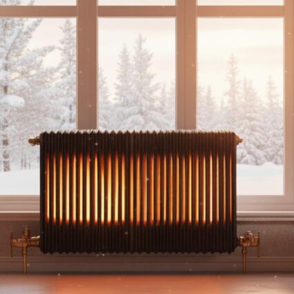 Imagen de un radiador de calefacción de gas natural editado artificialmente para que se vea incandescente en un salón moderno y ubicado bajo una ventana desde la que se ve un paisaje nevado. Imagen generada con Inteligencia Artificial.