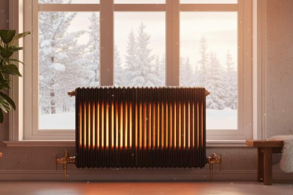 Imagen de un radiador de calefacción de gas natural editado artificialmente para que se vea incandescente en un salón moderno y ubicado bajo una ventana desde la que se ve un paisaje nevado. Imagen generada con Inteligencia Artificial.