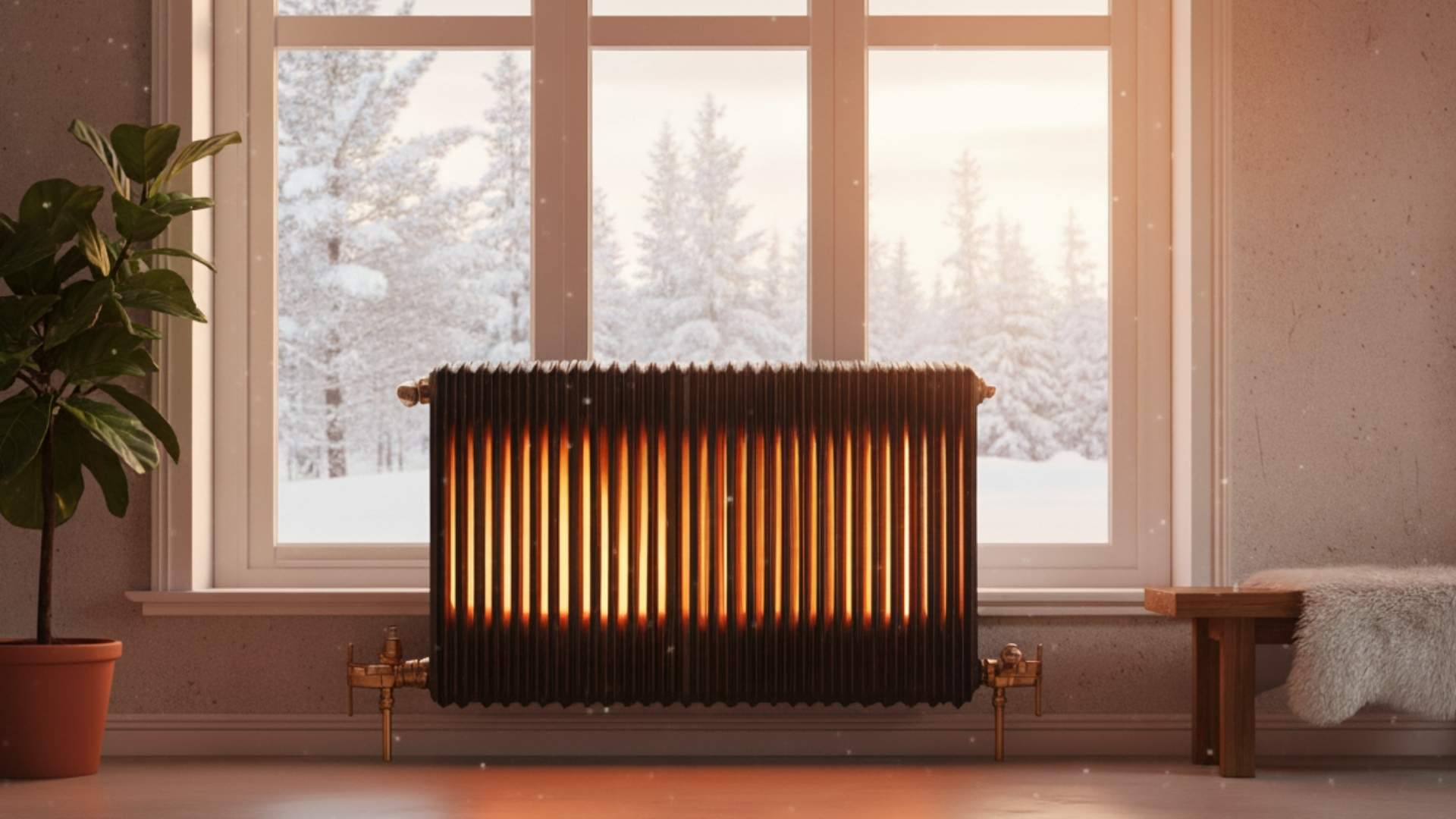 Imagen de un radiador de calefacción de gas natural editado artificialmente para que se vea incandescente en un salón moderno y ubicado bajo una ventana desde la que se ve un paisaje nevado. Imagen generada con Inteligencia Artificial.